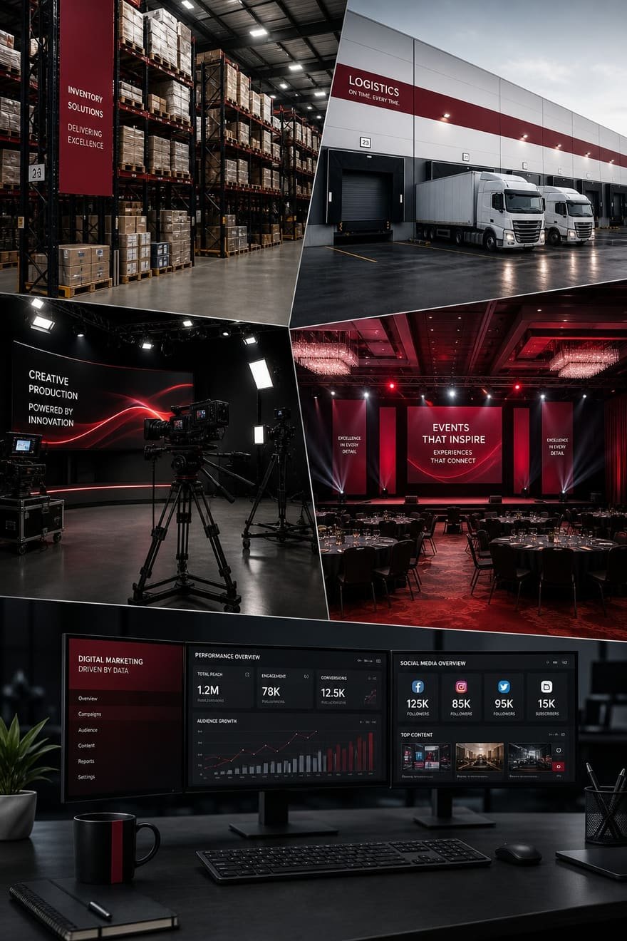 UAU Group services in action — industrial logistics, media production, events and digital marketing